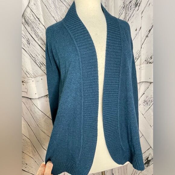 Forte’ Cashmere Open Front Cardigan Teal S - Picture 2 of 6